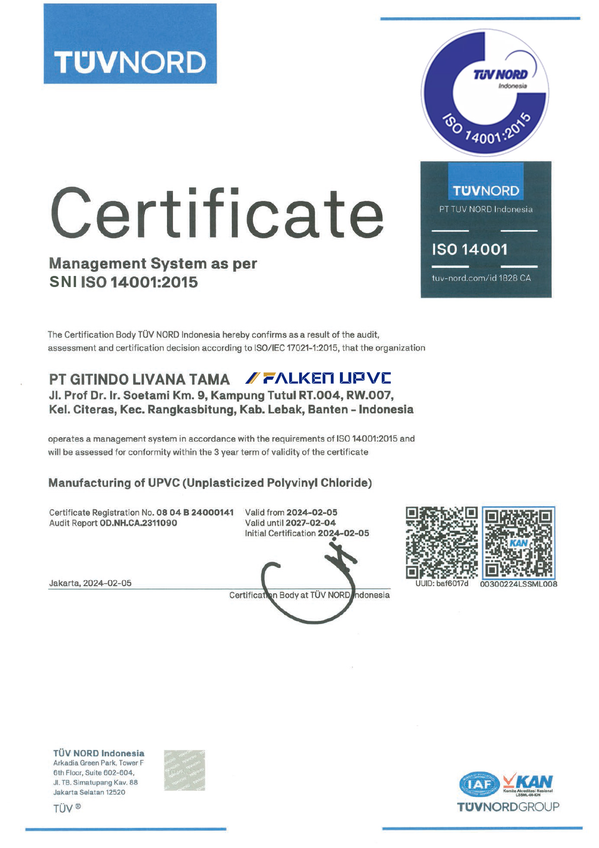 Sertifikat SNI ISO 14001 2015 Falken UPVC