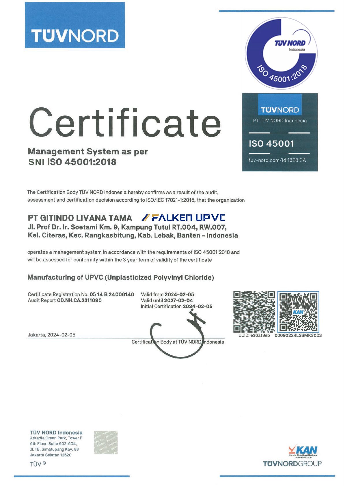 Sertifikat SNI ISO 45001 2018 Falken UPVC