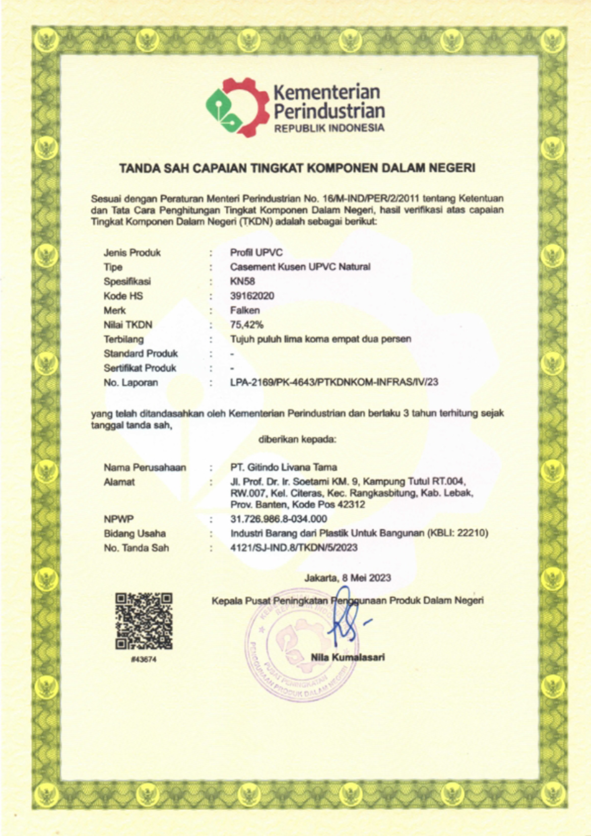 Sertifikat TKDN profil UPVC Natural