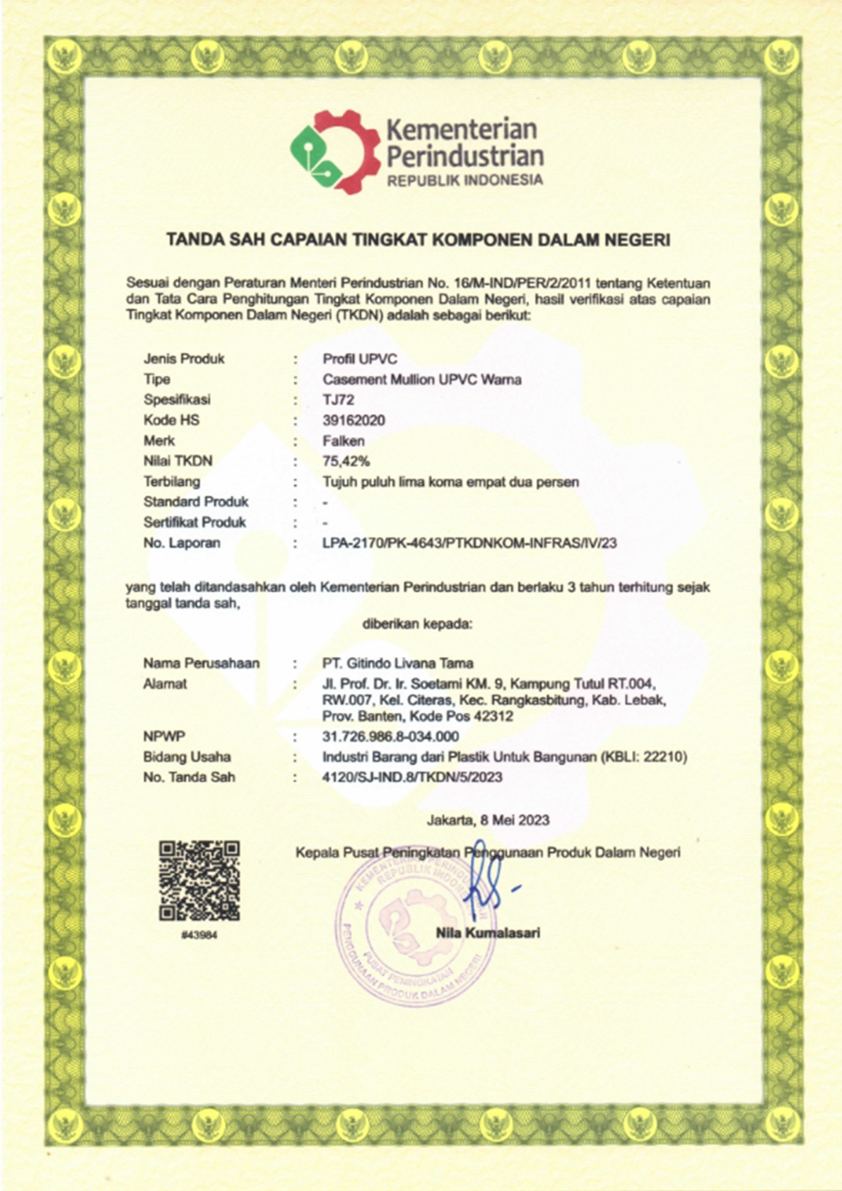 Sertifikat TKDN Profil UPVC Warna